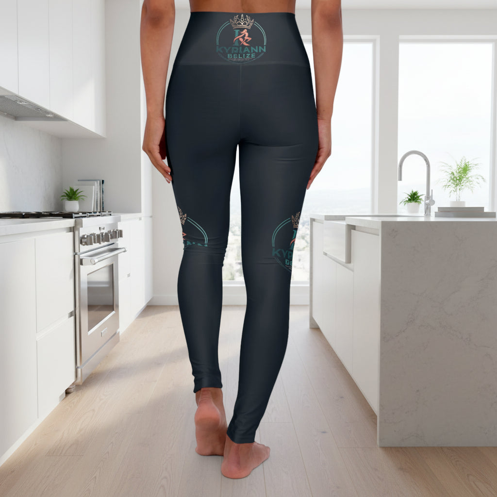 High-Waist Yoga Leggings — Dark Teal Tropical Logo AOP