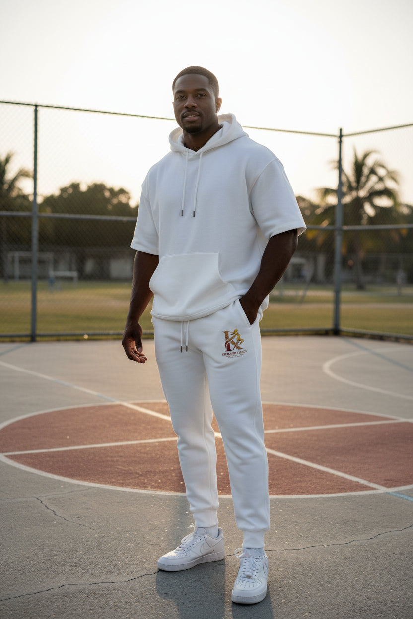 Embroidered White Fleece Sweatpants — Cozy Minimalist Joggers with Small Chest Crest