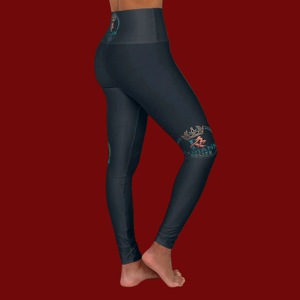 High-Waist Yoga Leggings — Dark Teal Tropical Logo AOP