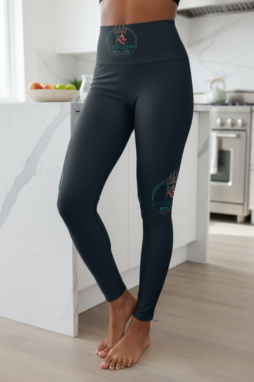 High-Waist Yoga Leggings — Dark Teal Tropical Logo AOP