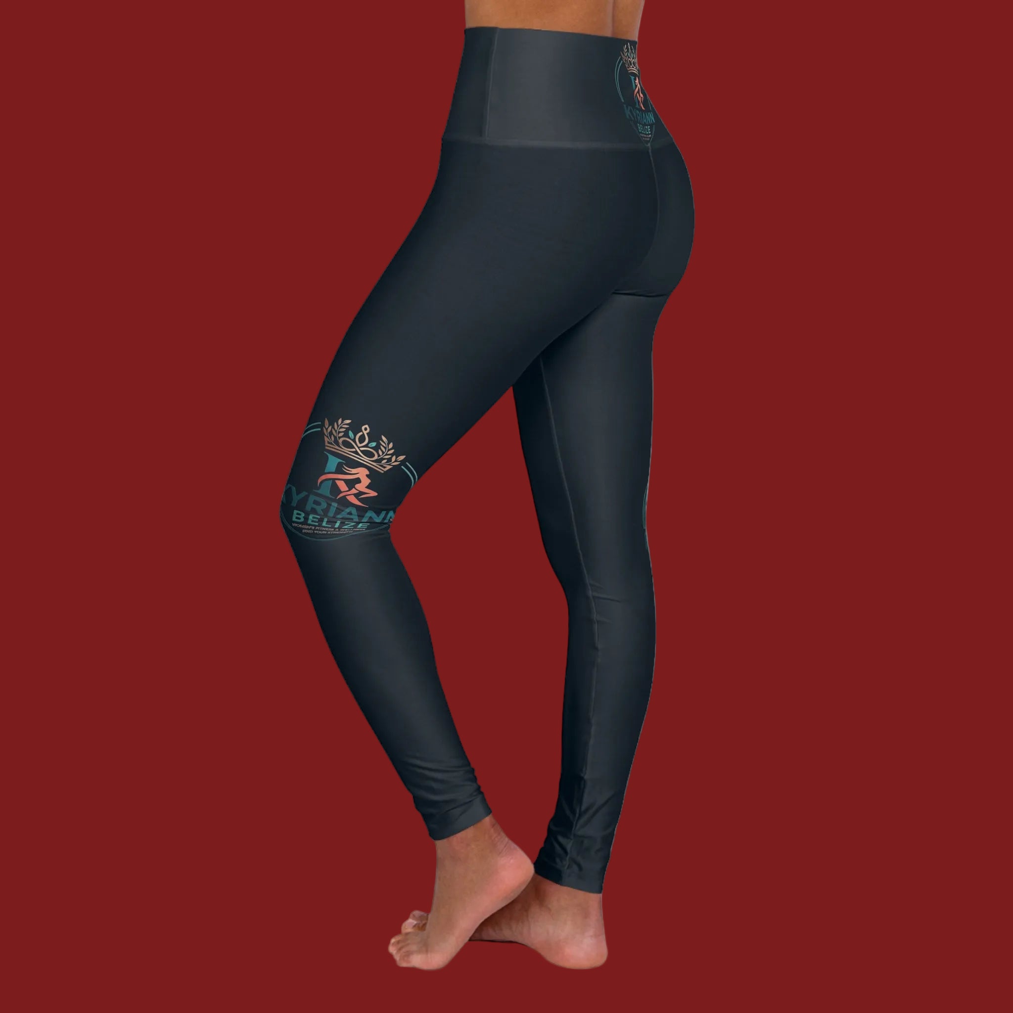 High-Waist Yoga Leggings — Dark Teal Tropical Logo AOP