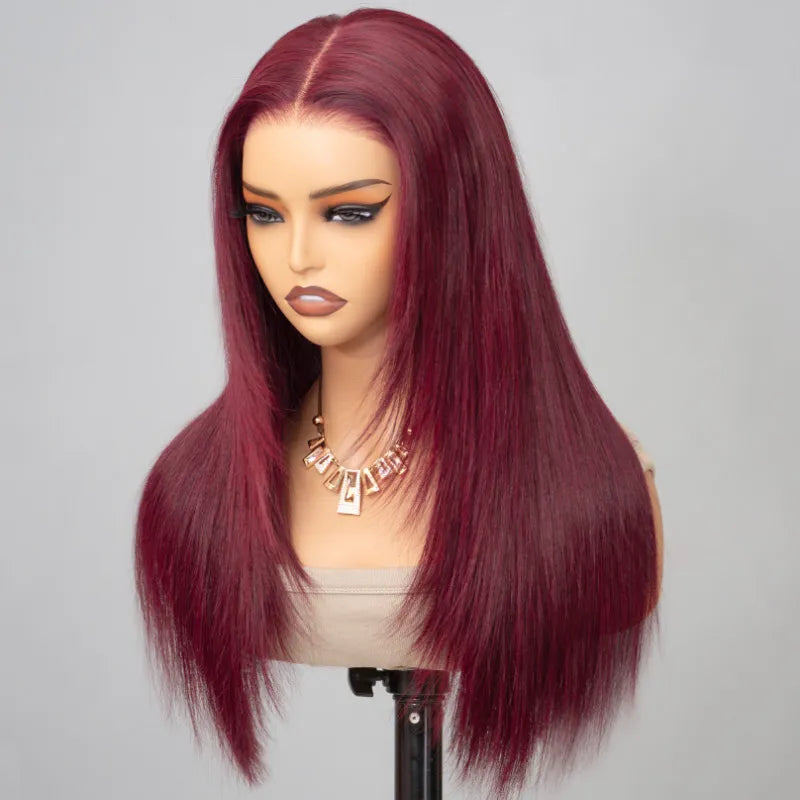 Layered Cut Straight Wig 99j Glueless Lace Human Hair Wig Salone Quality