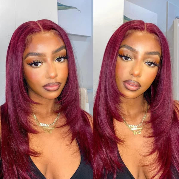 Layered Cut Straight Wig 99j Glueless Lace Human Hair Wig Salone Quality