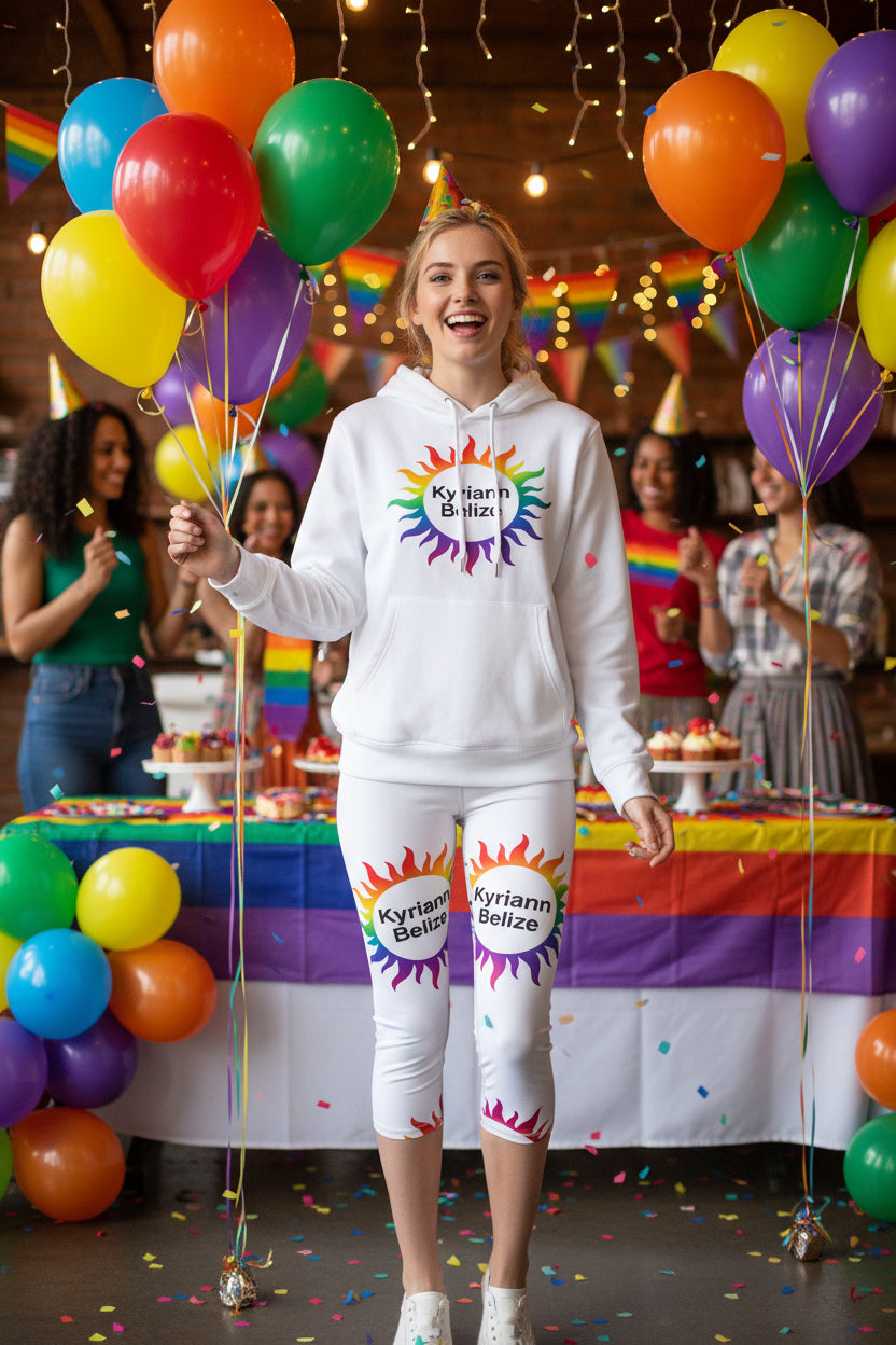 Turn heads in the Designer Rainbow Sunburst Workout Leggings.