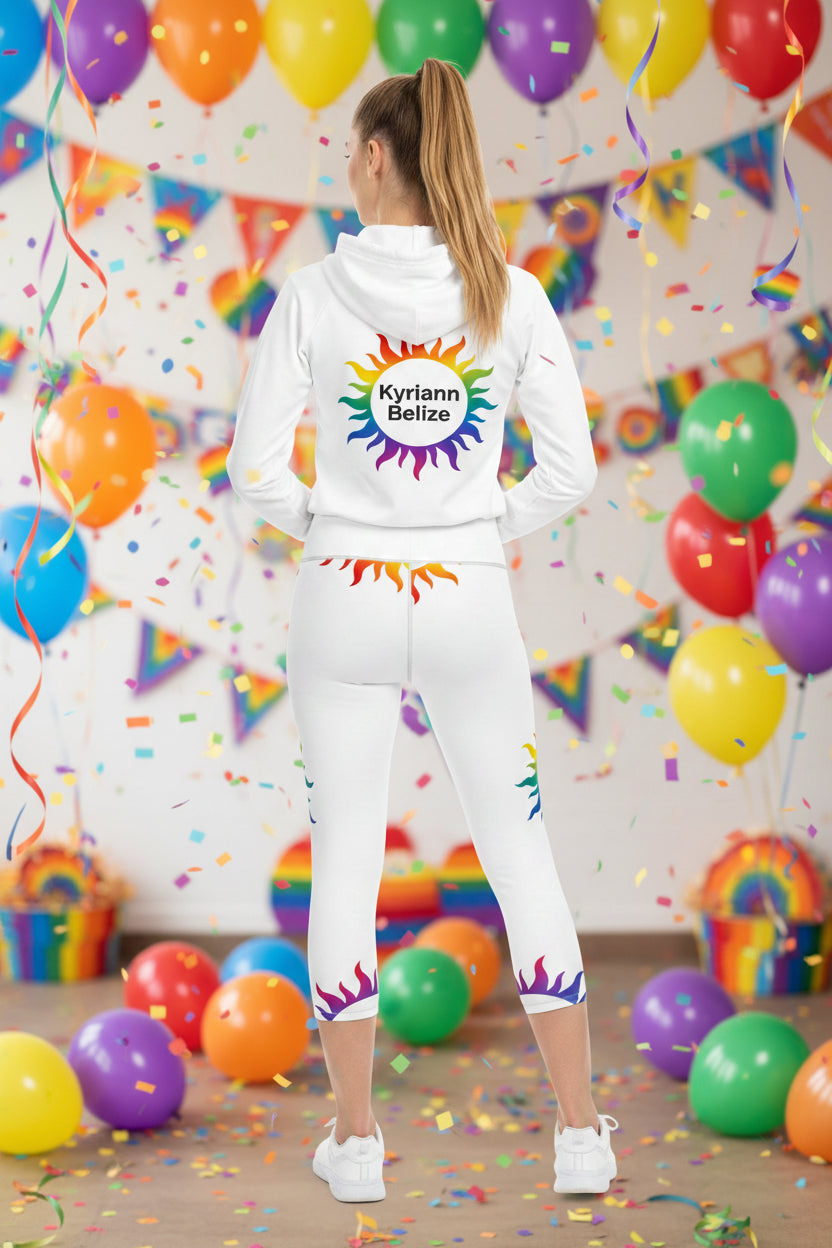 Turn heads in the Designer Rainbow Sunburst Workout Leggings.