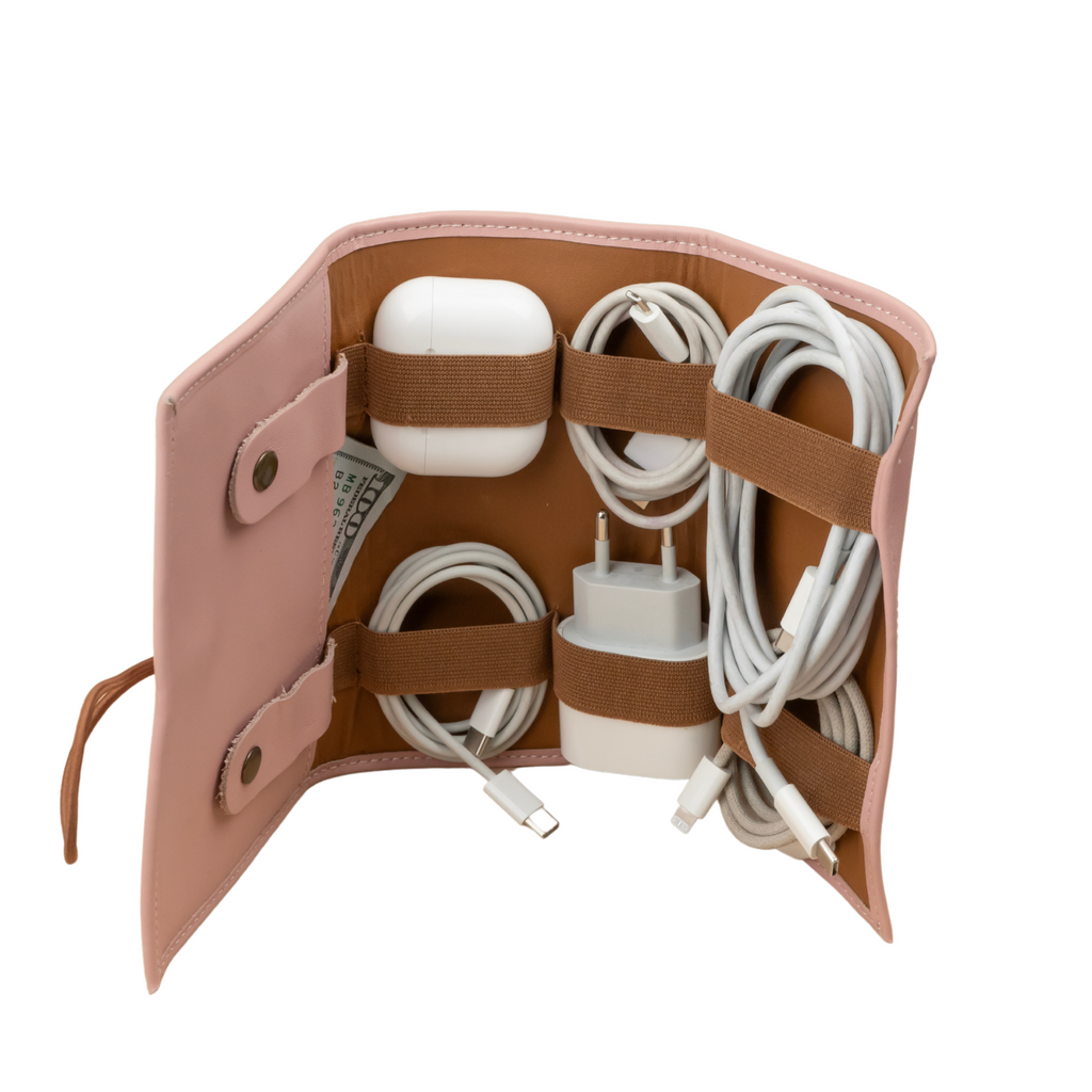 Leather Pink Travel Tech Organizer - Riverside